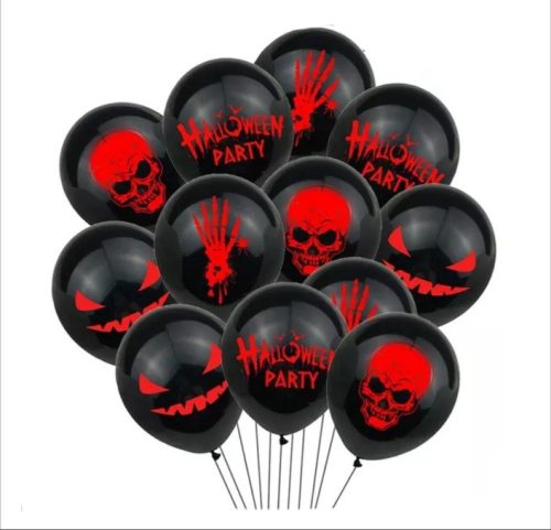 12 részes lufi csomag, Halloween mintájú, piros-fekete