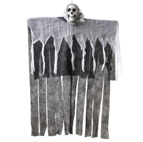 Halloween dekoráció, ijesztő koponya ,függeszthető rongyos, szűrke -fehér, 60 x 85 cm