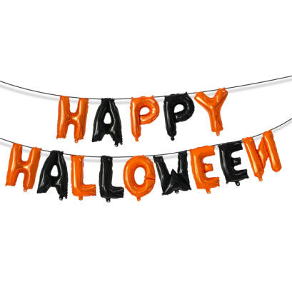 Happy Halloween felíratú dekorációs fólia lufi füzér, fekete, narancssárga, 34 x 37 cm