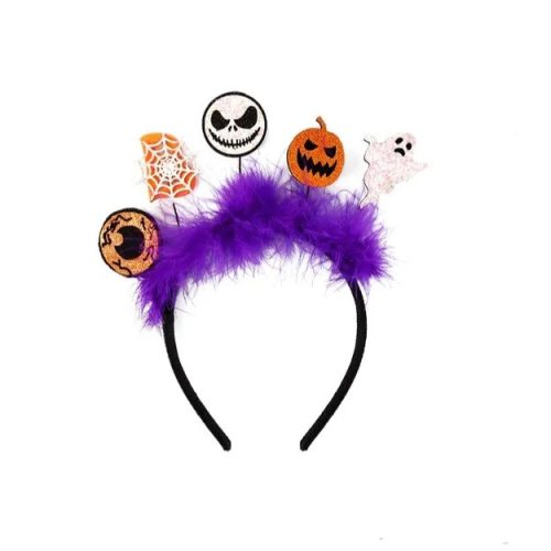 Halloween party hajpánt, pókhálós,tökös, lila szörmés, 21 x 19 cm