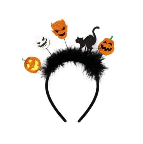 Halloween party hajpánt, fekete macska és ördögfej, fekete szörmés, 22 x 20 cm