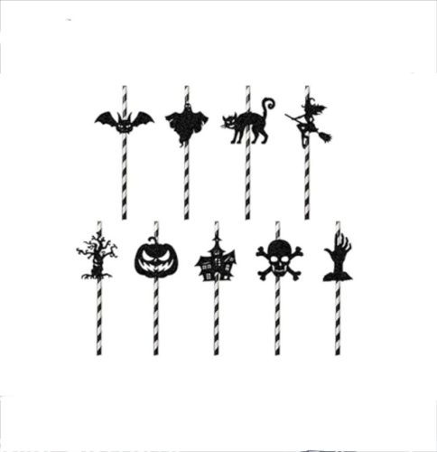 9 részes eldobható papír szívószál, halloween mintával, fekete-fehér