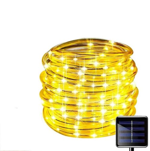 Kültéri vízálló napelemes led zsinór, meleg fehér fényű, 22 méter, 200 led