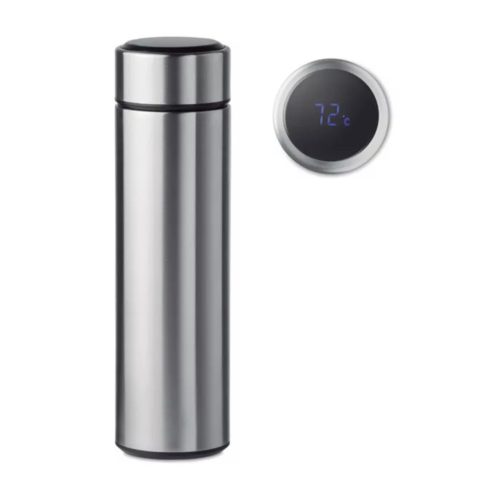 Hőmérséklet kijelzős, rozsdamentes acél utazó mini termosz,ezüst színű, 480 ml 