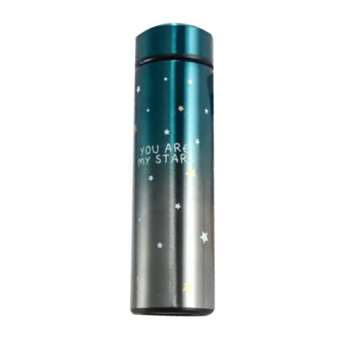 Hőmérséklet kijelzős, rozsdamentes acél utazó mini termosz,zöld színátmenetes , csillag mintás , 480 ml 