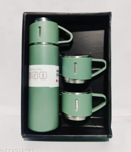 Rozsdamentes acél , műanyag  bevonattal mini termosz és + 2 db csésze szett, 500 ml-es, zöld