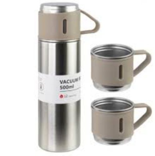 Rozsdamentes acél , szilikon bevonattal mini termosz és + 2 db csésze szett, 500 ml-es, cappuccino színű