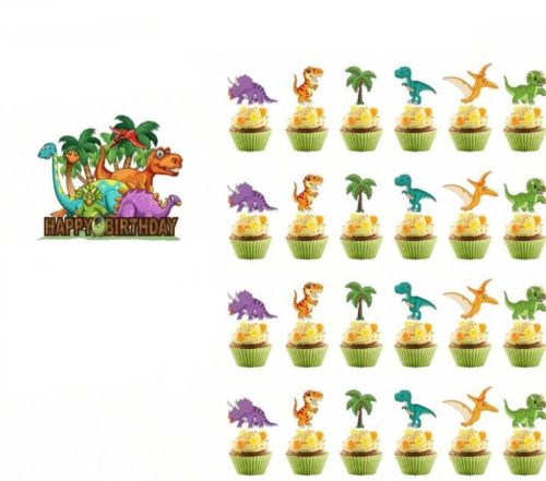 Születésnapi dinoszauruszos torta és muffin díszítő szett, papír, többszínű, 14x 12 cm, és 24 db x 8 cm