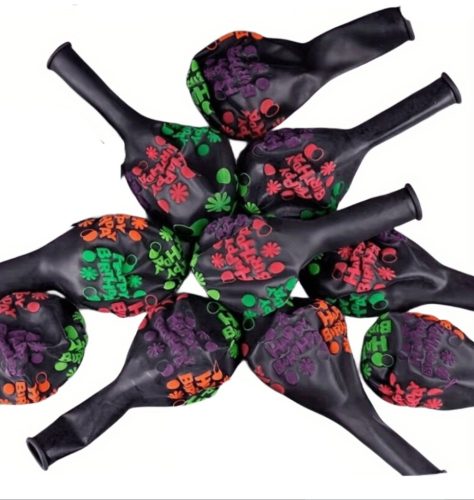 10 db fekete léggömb szett, fluoreszkáló szülinapi felírattal, kb 30 cm / db 