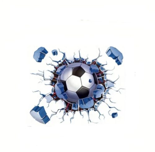Futball labdával szétrúgott fal falmatrica, kék-fekete, 23 x 20 cm 