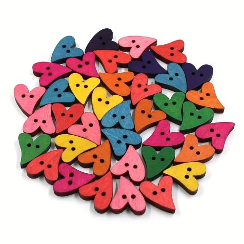 Hosszúkás szív alakú 2 lyukú fa  varró gomb, vegyes színek, 50 db, 1,9 x 1,6 cm 