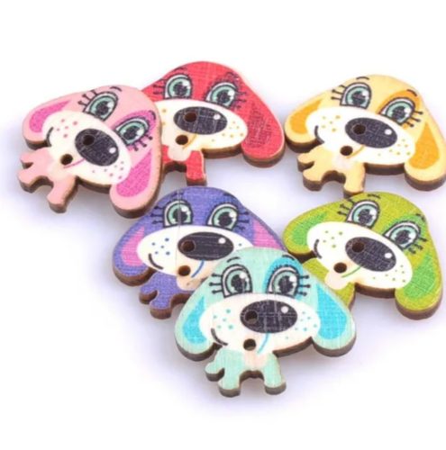 Aranyos kiskutyás 2 lyukú fa varró gomb, vegyes színek, 50 db, 30 x 27 mm 
