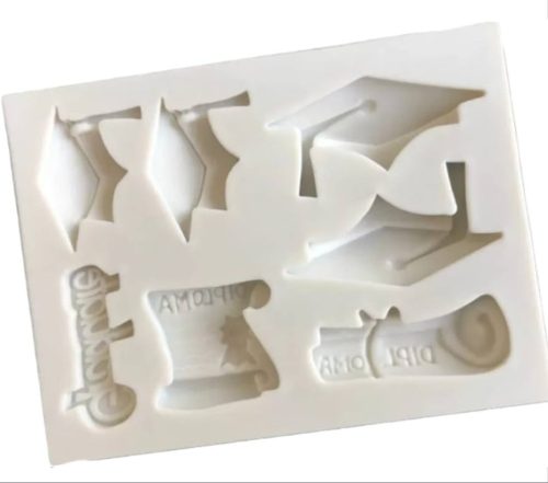 Mini diploma és ballagás témájú szilikon fondant forma, 6,7 x 8,9 cm, szürkésfehér